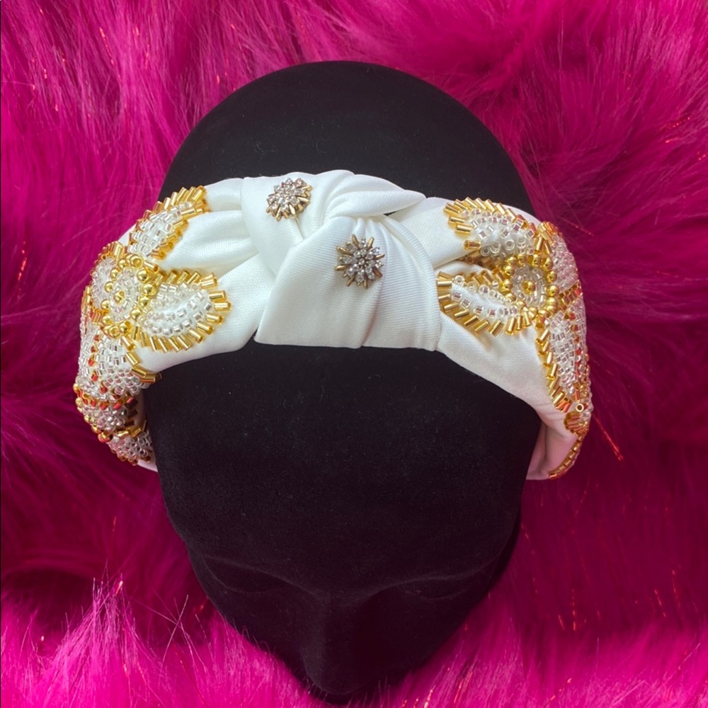 Elegant White and Gold Embellished Headband